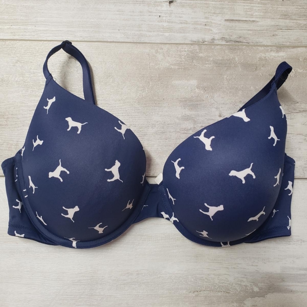 Pink Victoria's Secret Dog Print Navy Blue Padded Multi-Way Underwire Size 36DD